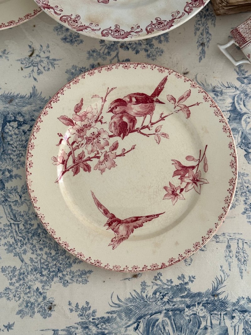 40643-浪漫法国古董SARREGUEMINES DIGOIN粉红花鸟浅盘FAVORI系列 - 盘子/餐盘/盘架 - 瓷 
