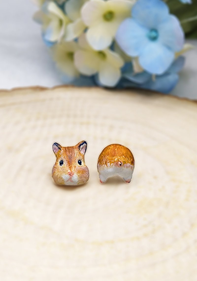 全手作 啡色仓鼠 耳环 防敏感 耳钉/耳夹 - 耳环/耳夹 - 粘土 咖啡色