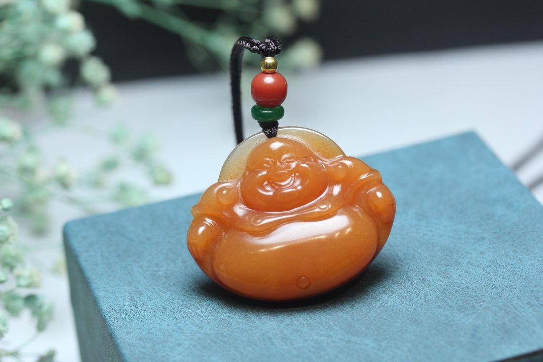【弥勒佛】天然黄龙玉 挂件|笑口常开挂饰吊坠毛衣链玉石送礼 - 项链 - 玉石 红色