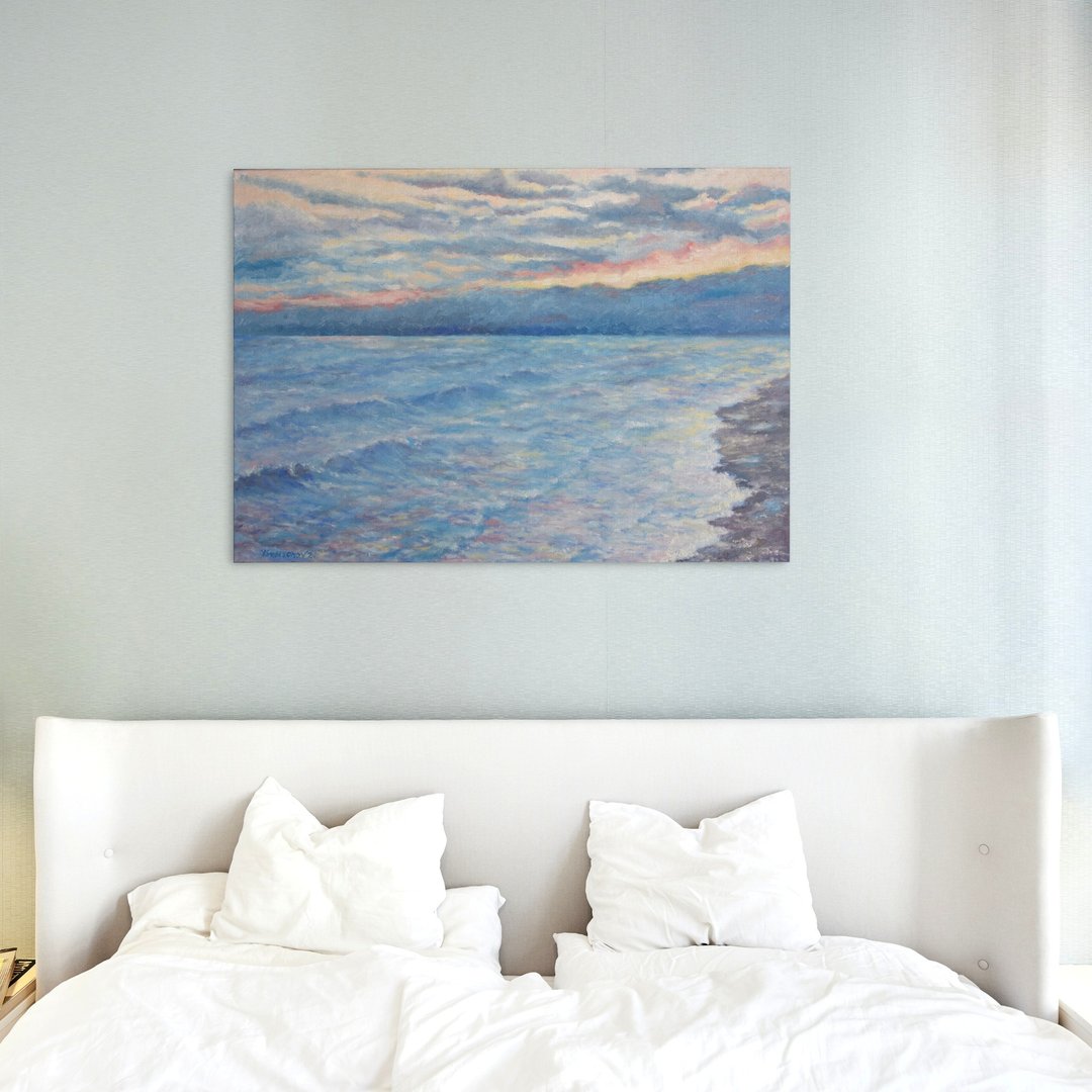Seascape Original Art Oil Painting Wall Panel With Seascape Evening on the Sea - 海报/装饰画/版画 - 其他材质 蓝色