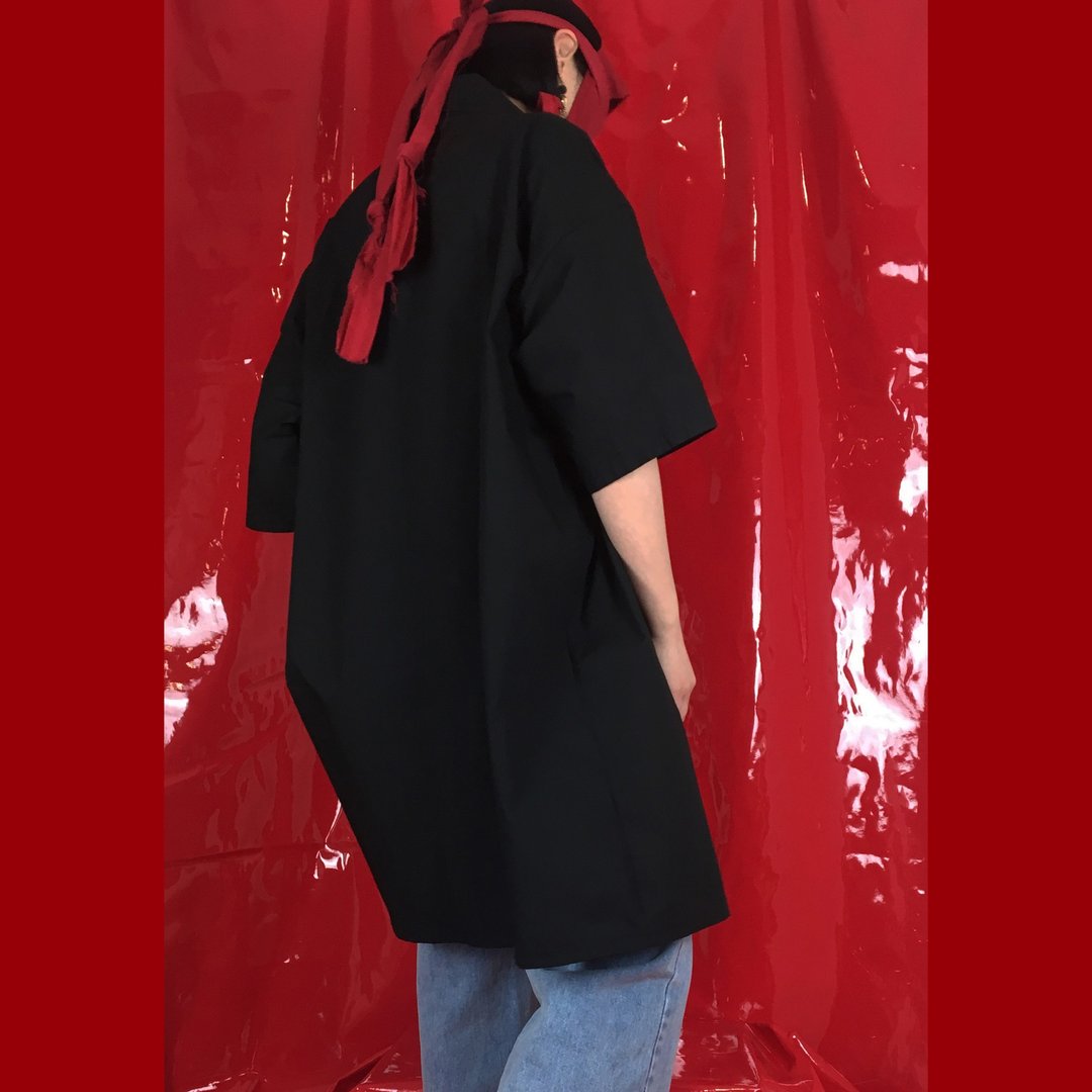 原创不规则几何设计中长款黑色宽松全棉衬衣短袖 - 女装上衣 - 棉 黑色