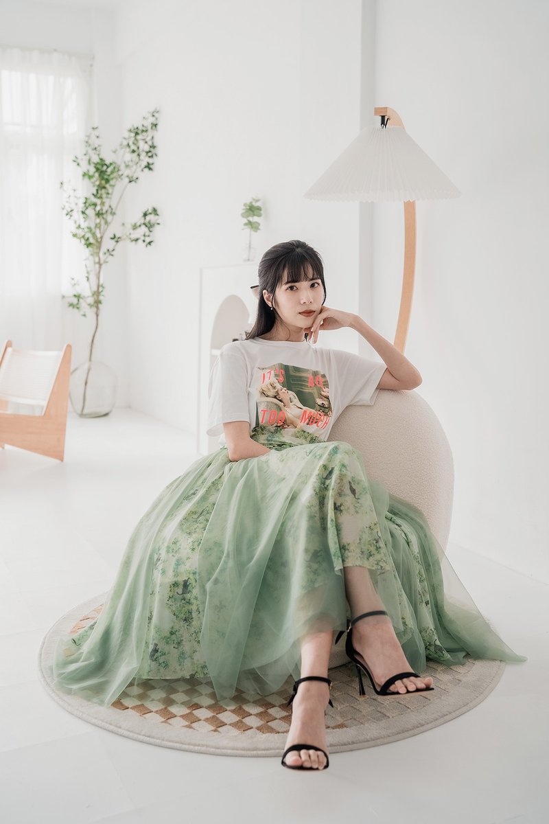 【波丽印花】双层瀑布纱裙 两穿小洋装 长裙 岚山初夏 - 裙子 - 棉．麻 绿色