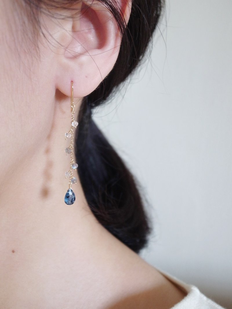 14KGF 苔藓蓝晶石×银月光石×拉长石 天然石耳环 长款 可改耳夹 - 耳环/耳夹 - 宝石 蓝色