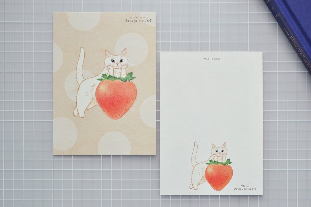 猫咪插画明信片-草莓白猫 - 卡片/明信片 - 纸 绿色