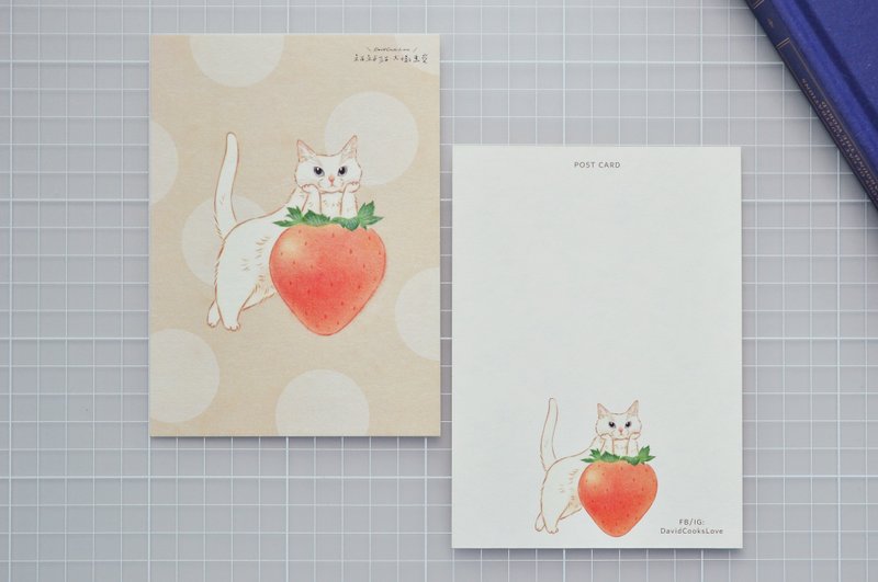 猫咪插画明信片-草莓白猫 - 卡片/明信片 - 纸 绿色