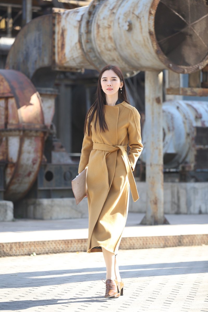 【品祥云纱】冬季新款双面850克重山羊绒大衣 - 女装休闲/机能外套 - 羊毛 金色