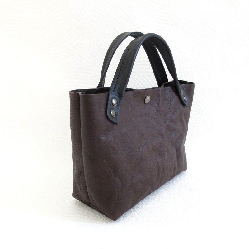 短版・牛皮宽底・单片皮革迷你托特包・洗旧・深棕色・0627 - 手提包/手提袋 - 真皮 黑色