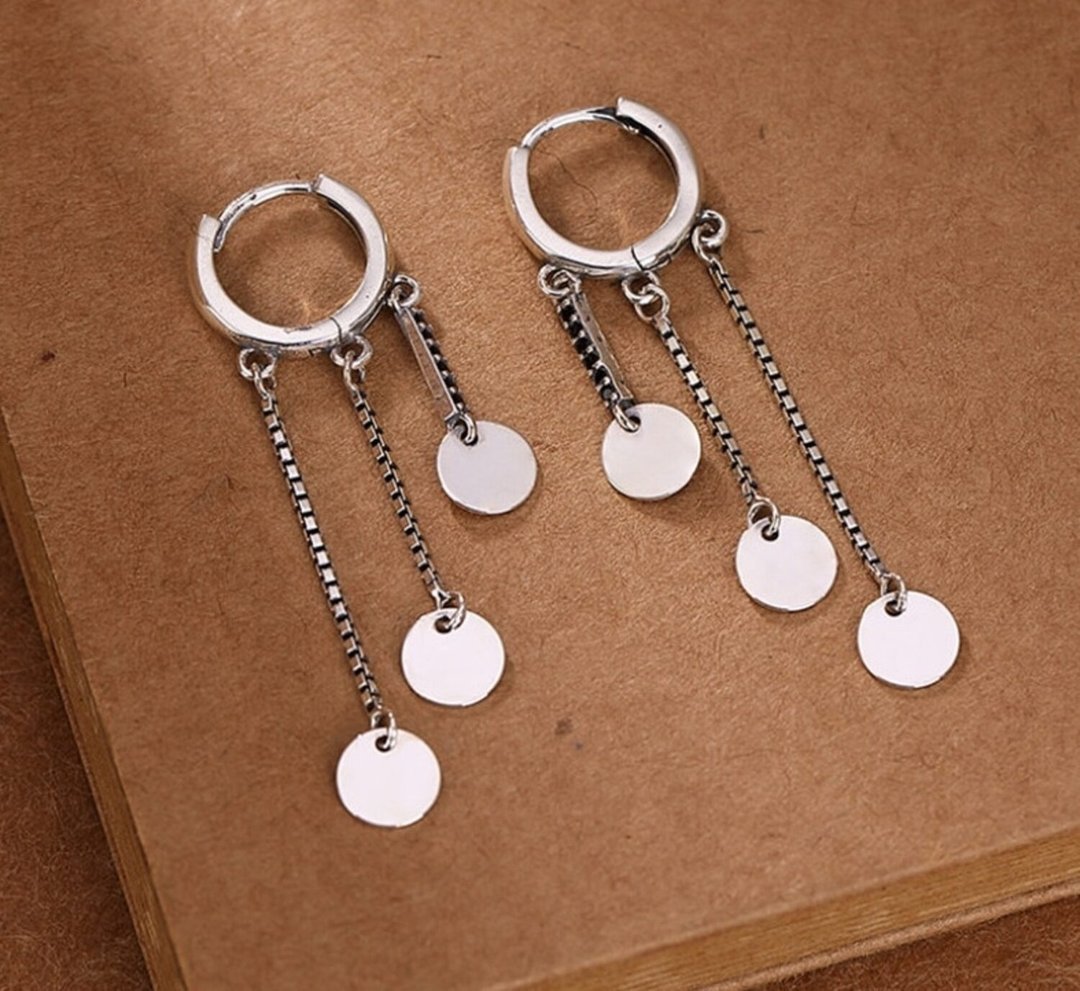 Ladder Design 3 Chains Tassel Earrings for Women Glossy Silver Flakes Earrings - 耳环/耳夹 - 纯银 银色