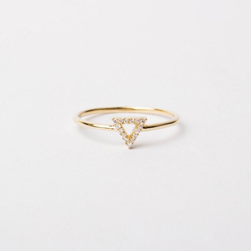 天然钻石密钉镶 纯 14K 黄金 简约几何 空心三角形细戒 混搭叠搭 - 戒指 - 钻石 金色