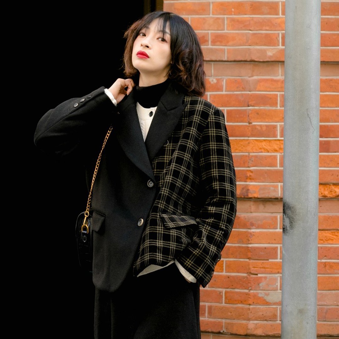 不规则双面呢拼接西装外套|外套|西装|冬款|羊毛+棉|Sora-400 - 女装西装外套/风衣 - 羊毛 黑色