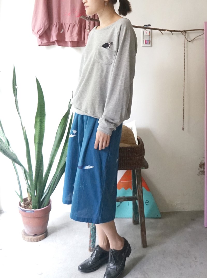 蓝白海浪、小星星、岩石手工绢印制作打折七分宽裤 - 女装长裤 - 棉．麻 蓝色