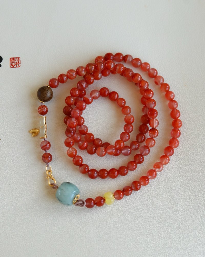 6mm天然原矿南红 沈香翡翠A货桶珠设计多圈手持手串项链s - 手链/手环 - 半宝石 红色