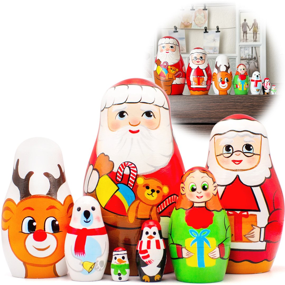 Christmas Nesting Dolls 7 pcs - Santa Claus Figurines - Christmas Room Decor - 玩具/玩偶 - 木头 多色