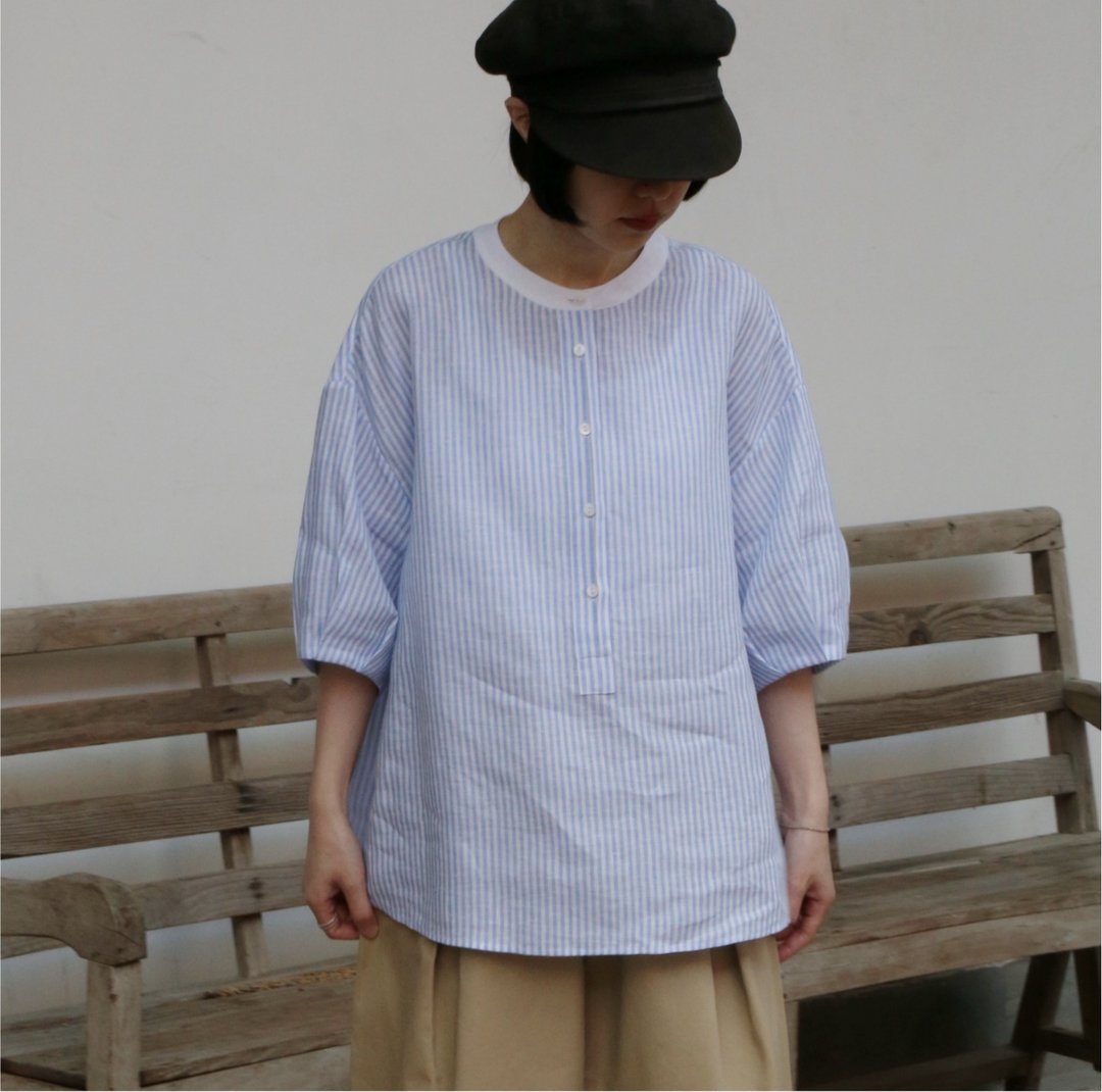 清爽好穿 法国亚麻条纹上衣 浅蓝白 260411-1 - 女装衬衫 - 亚麻 蓝色