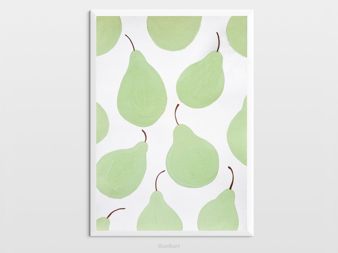 Green pear pattern original painting gouache artwork kitchen decor modern poster - 海报/装饰画/版画 - 纸 绿色