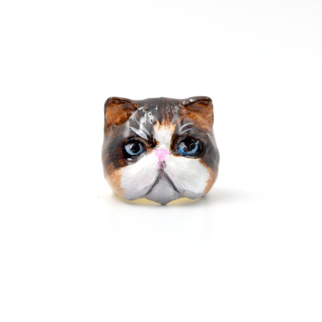 黄铜 手绘啡白色猫咪戒指 可订制猫咪颜色 少量制作 - 戒指 - 铜/黄铜 黑色