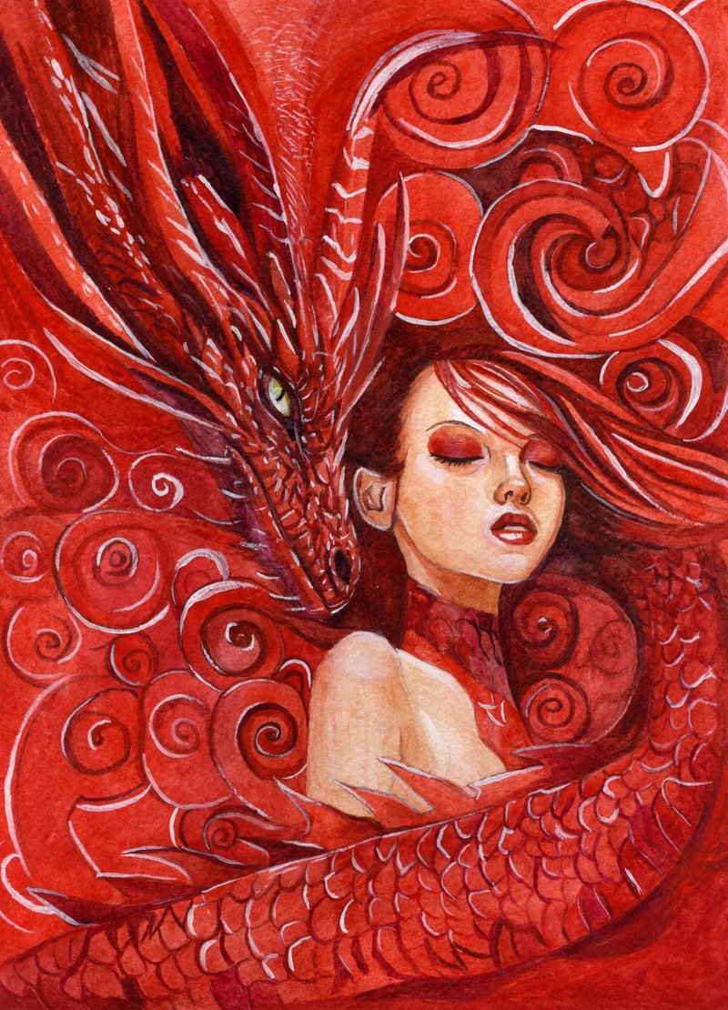 有龙水彩画红色艺术品的女孩 - 墙贴/壁贴 - 纸 红色