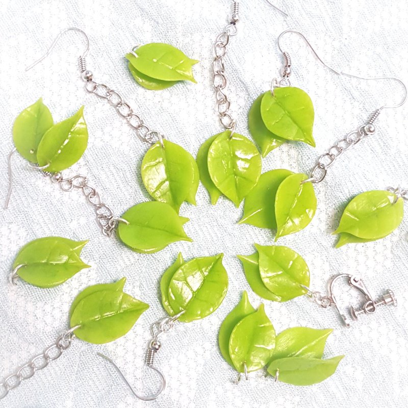 摇曳小绿叶耳环/耳勾/耳夹 - 耳环/耳夹 - 粘土 绿色