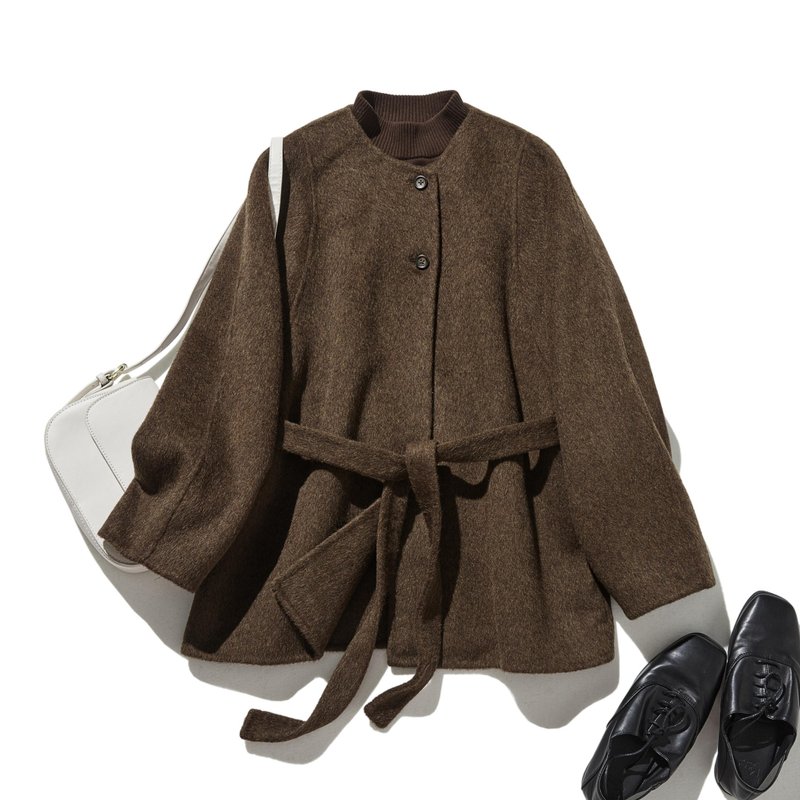 适合大人的羊毛大衣 附腰带 羊毛混纺 深棕色 241111-1 - 女装西装外套/风衣 - 羊毛 