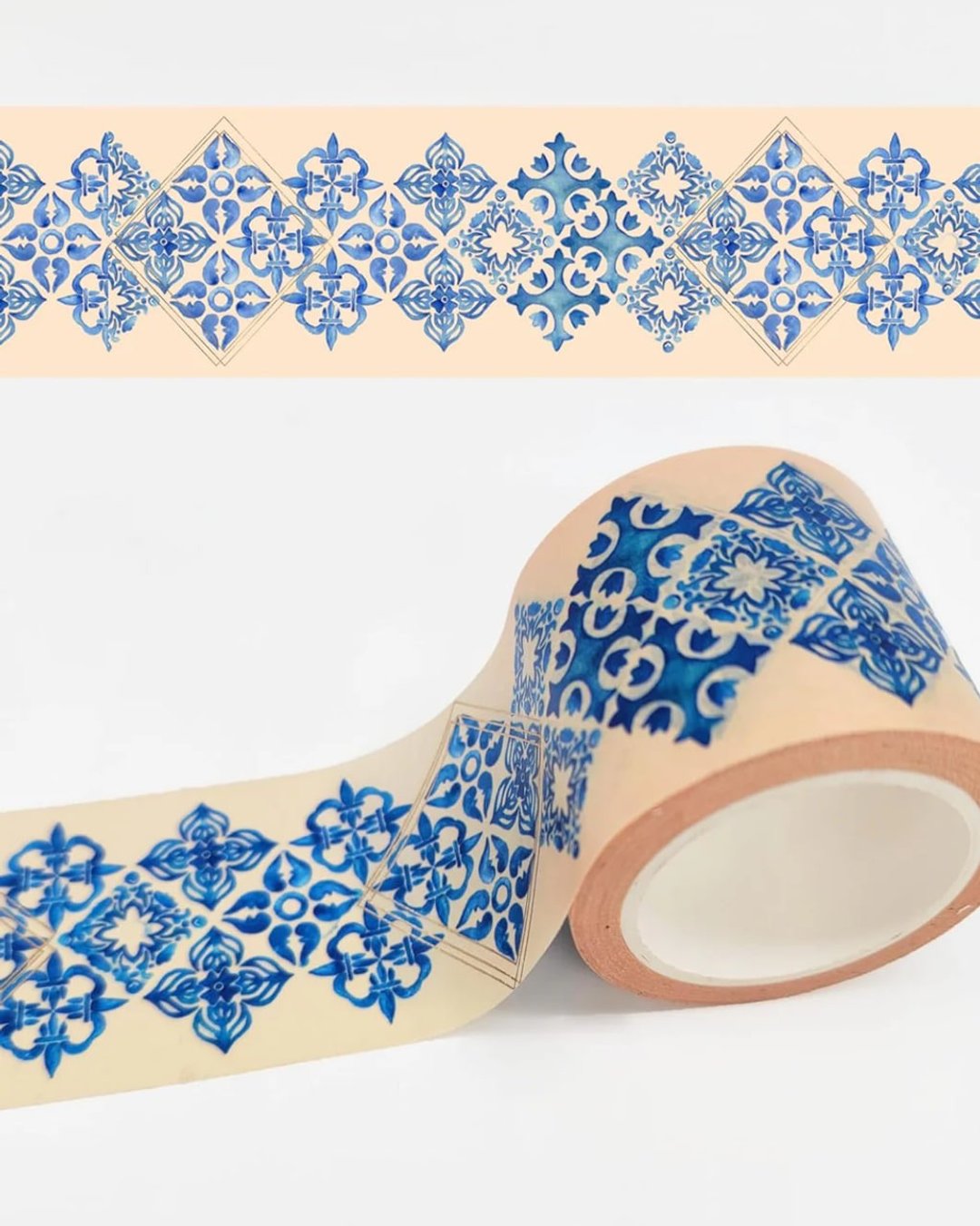 Gold foil blue Mediterranean tiles extra long washi tape - 纸胶带 - 纸 蓝色