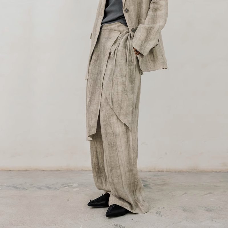 法式度假 扎染麻料不对称裙裤 - 女装长裤 - 其他材质 灰色