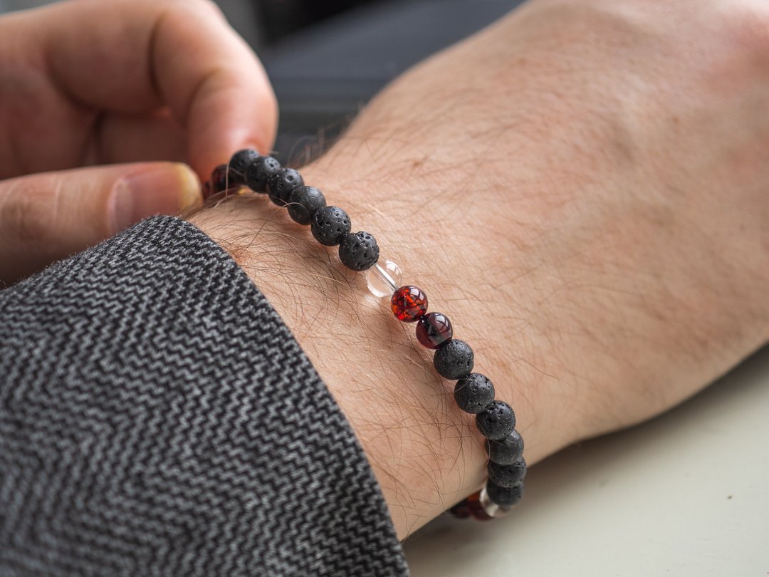 Lava stone, Amber, Clear Quartz Bracelet, 925 Sterling Silver, For Him - 手链/手环 - 宝石 黑色