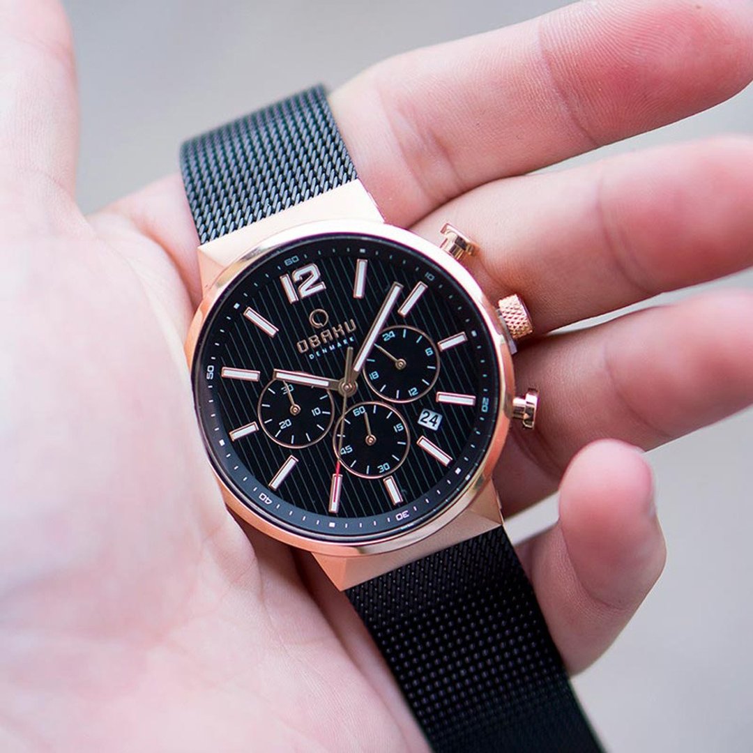 OBAKU 黑色暴风三眼时尚腕表-42mm(V180GCVBMB) - 男表/中性表 - 不锈钢 黑色