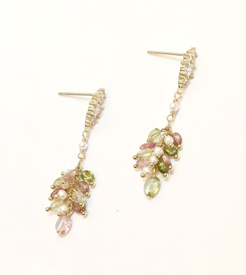 澄艺创饰/春色粼粼碧玺佐珍珠锆石14K包金纯银耳环 - 耳环/耳夹 - 半宝石 多色