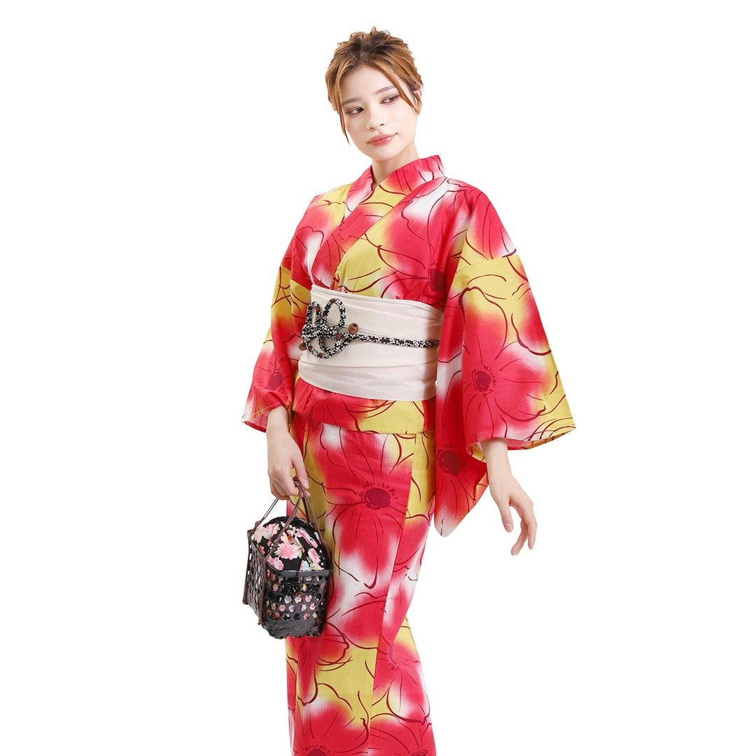 日本 和服 日本染色 梭织 女性 浴衣 腰带 2件组 F size x71-a2 - 其他 - 棉 红色