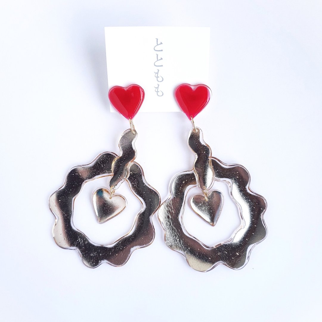 heart gold - 耳环/耳夹 - 树脂 红色