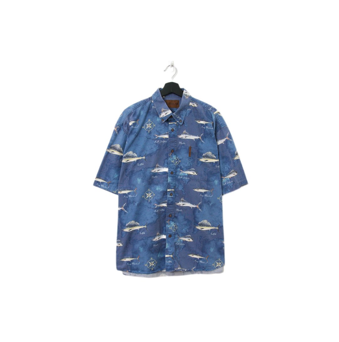 Back to Green-鱼图腾短袖衬衫 海水蓝指南针ff-06 vintage shirt - 男装衬衫 - 棉 