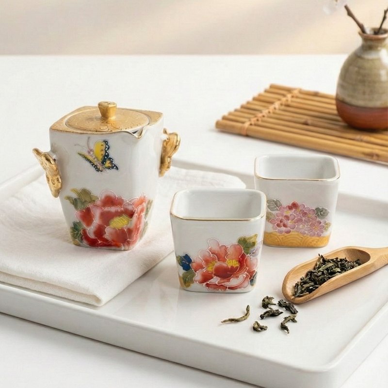 手工烧制・手绘金云耳牡丹浮雕茶壶杯组・精装礼盒・春节贺礼 - 茶具/茶杯 - 瓷 