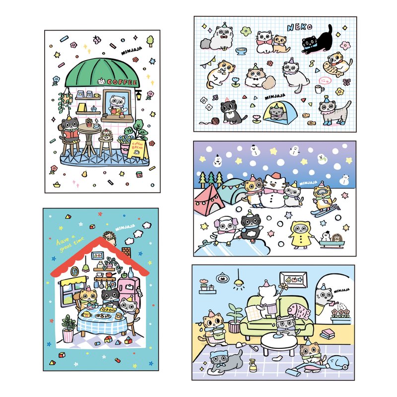 猫咪插画明信片・套组 (5入) - 卡片/明信片 - 纸 