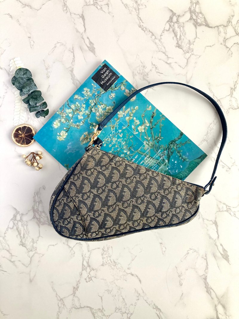 【附尘袋】中古二手Dior深蓝猪蹄老花马鞍包迷你侧背孭背小手袋 - 侧背包/斜挎包 - 真皮 蓝色