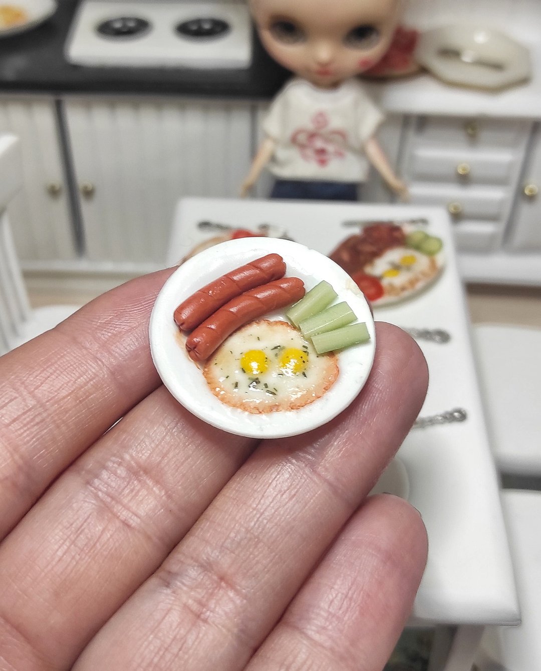 迷你食品 娃娃的迷你品 早餐炒蛋和香肠 - 玩偶/公仔 - 粘土 