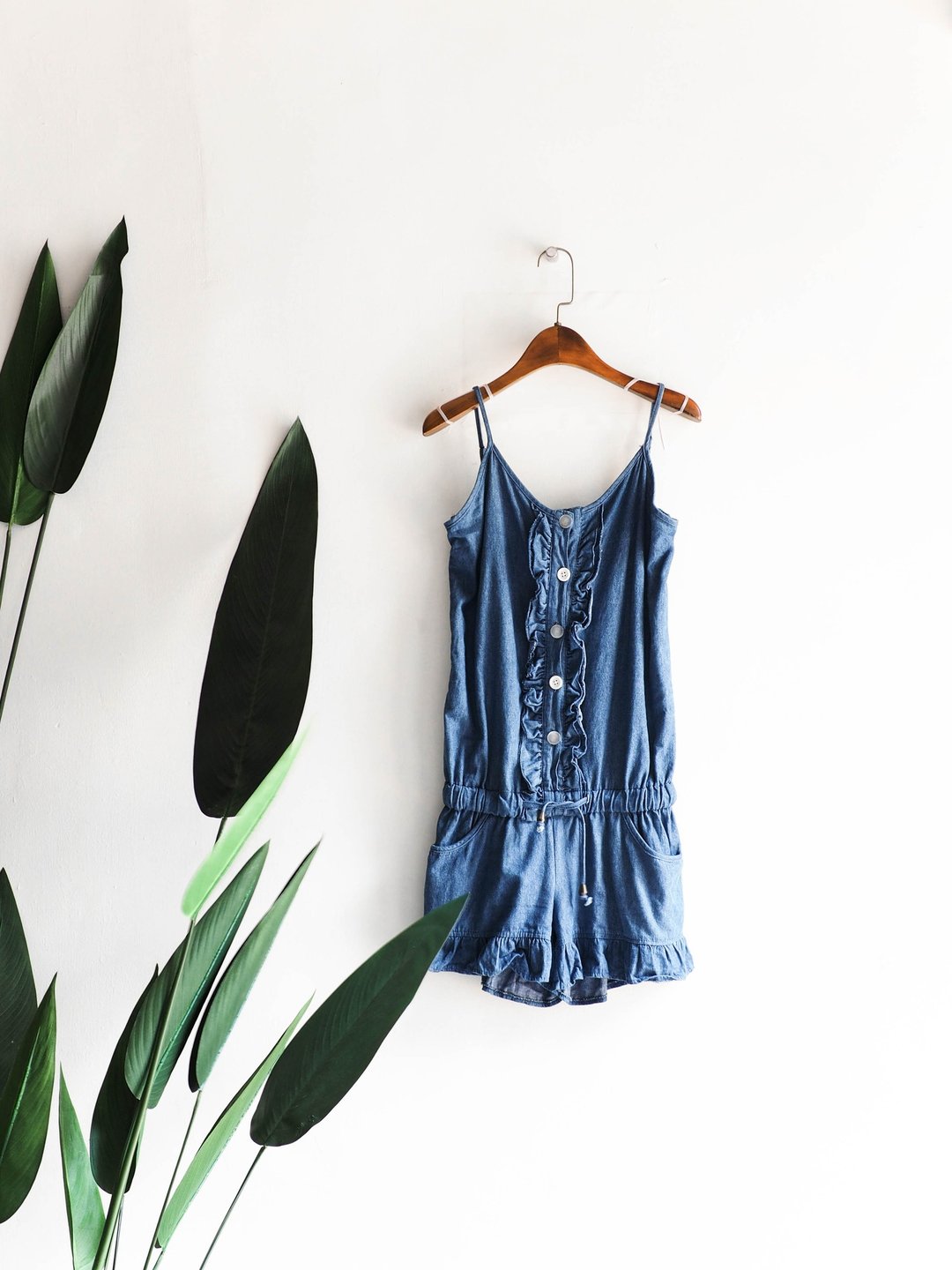 长野浪花滚滚青春恋爱手札 古董连身丹宁吊带短裤 overalls dress - 背带裤/连体裤 - 棉．麻 蓝色