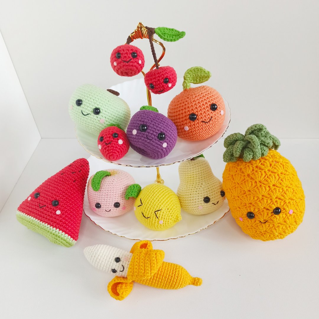 Set crochet fruit (11 pcs), pretend to play food, kawaii fruit,Montessori toy, - 玩具/玩偶 - 棉．麻 多色