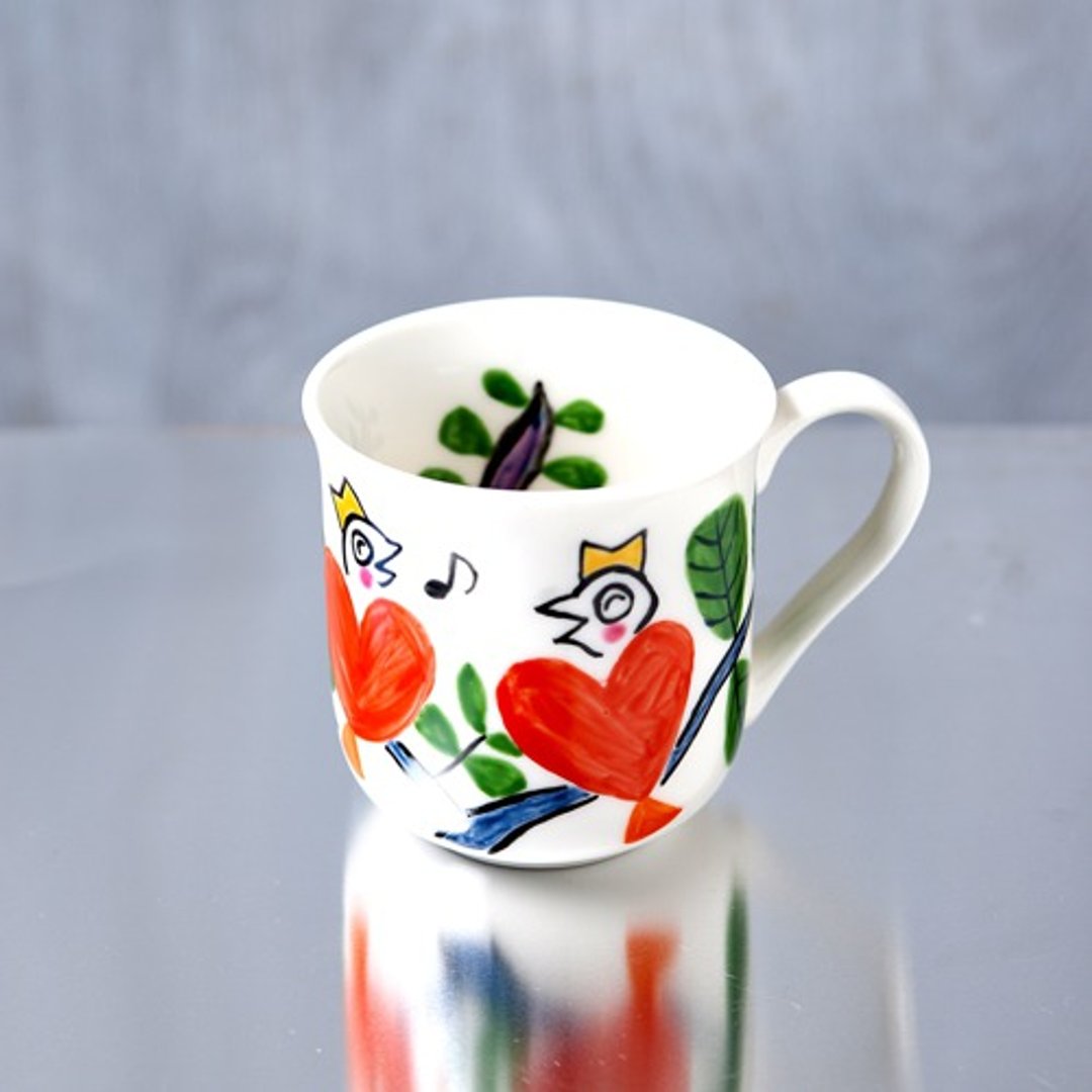 Red heart bird mug talking on the treetop - 咖啡杯/马克杯 - 陶 