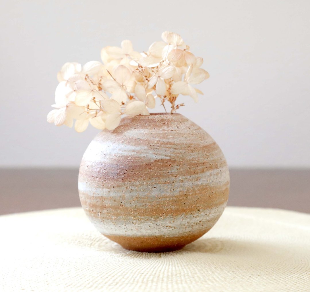 柴窑烧制、烤刷纹花瓶、球体 - 花瓶/陶器 - 陶 咖啡色