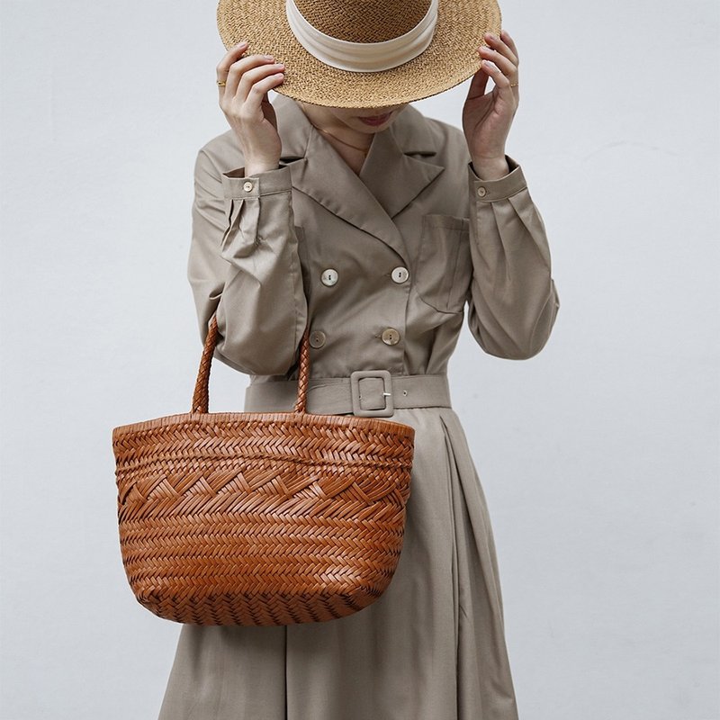 7 折 極簡設計肩背包植鞣革真皮托特包 手作單肩斜挎女士簡約包包 - 侧背包/斜挎包 - 真皮 