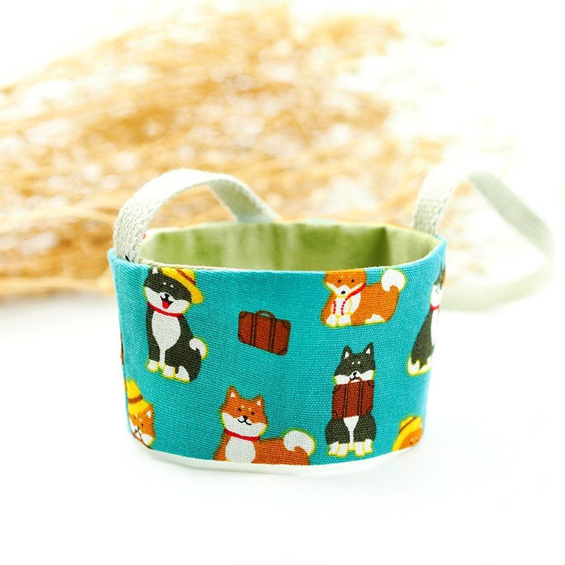 手工双面 环保饮料袋 吸水 咖啡提袋 可爱插画 宠物 狗 柴犬 【柴柴郊游日】蓝绿【D-08】 - 随行杯提袋/水壶袋 - 棉．麻 绿色