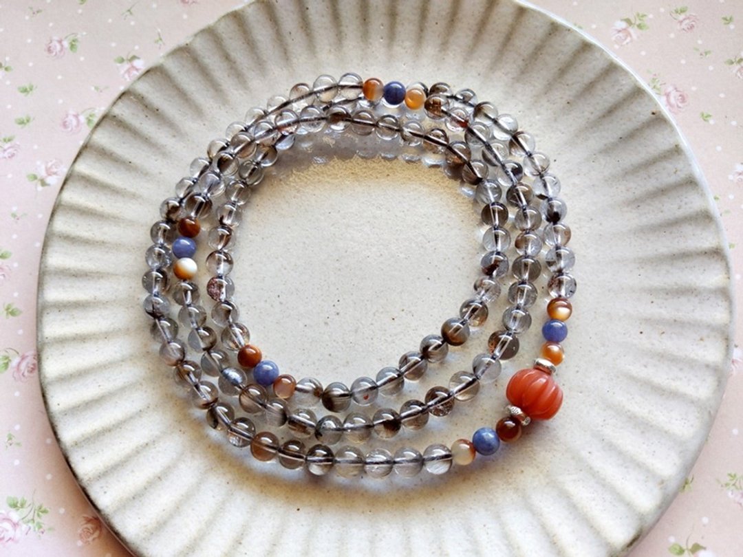 ORLI Jewelry 天然黑银钛108颗念珠 黑银钛晶108颗佛珠 南红玛瑙 - 手链/手环 - 宝石 黑色