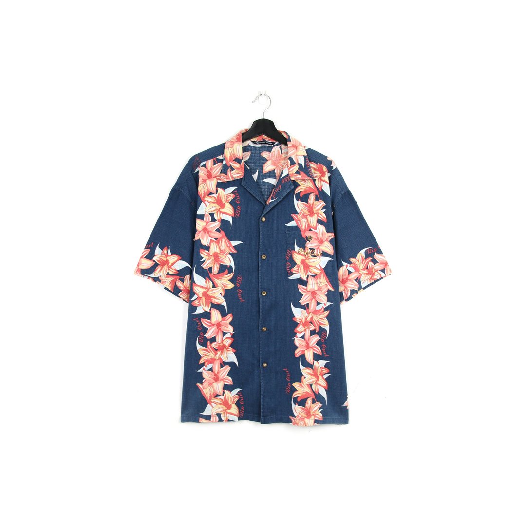 Back to Green- 刺绣夏威夷衬衫  蓝底扶桑 /vintage shirts - 男装衬衫 - 棉．麻 