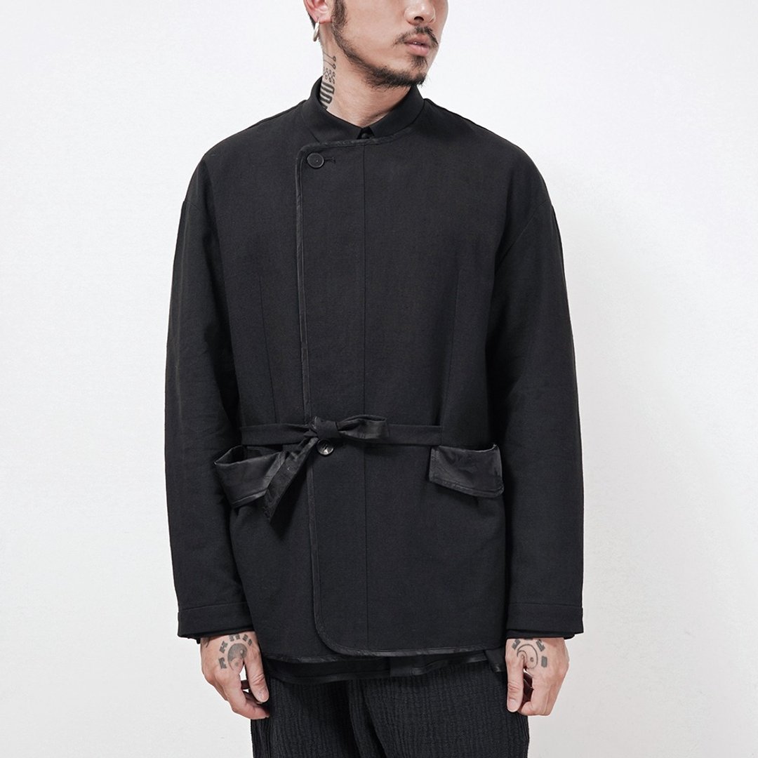 中國風復古漢服圓領繫帶亞麻寬鬆日系工裝感夾克短外套 - 男装外套 - 棉 黑色