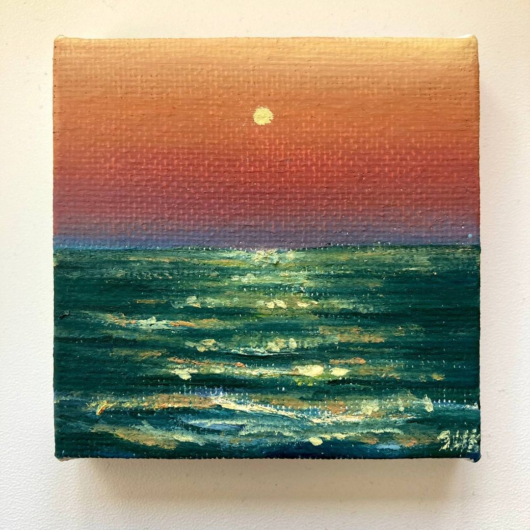 Sunset Canvas Art, Painting Original, Ocean Artwork, Mini Canvas Painting - 海报/装饰画/版画 - 其他材质 绿色