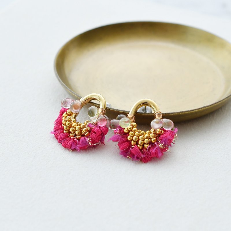 花园的微语流苏 / 樱桃粉 - 耳环/耳夹 - 棉．麻 粉红色