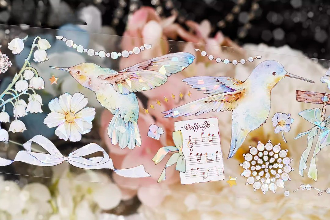 蜂鸟与花 真珠 / リボン PET 和紙膠帶 貝殼光 (kiss-cut) - 纸胶带 - 其他材质 粉红色