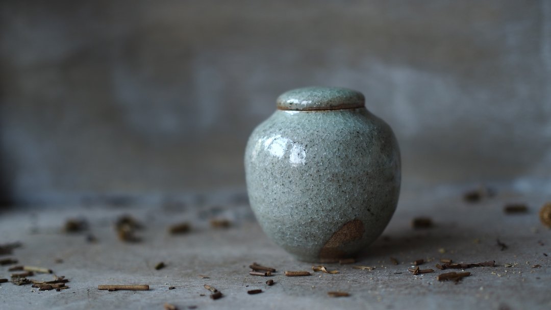 草木灰釉手痕小罐 茶仓 摆件 - 花瓶/陶器 - 陶 绿色