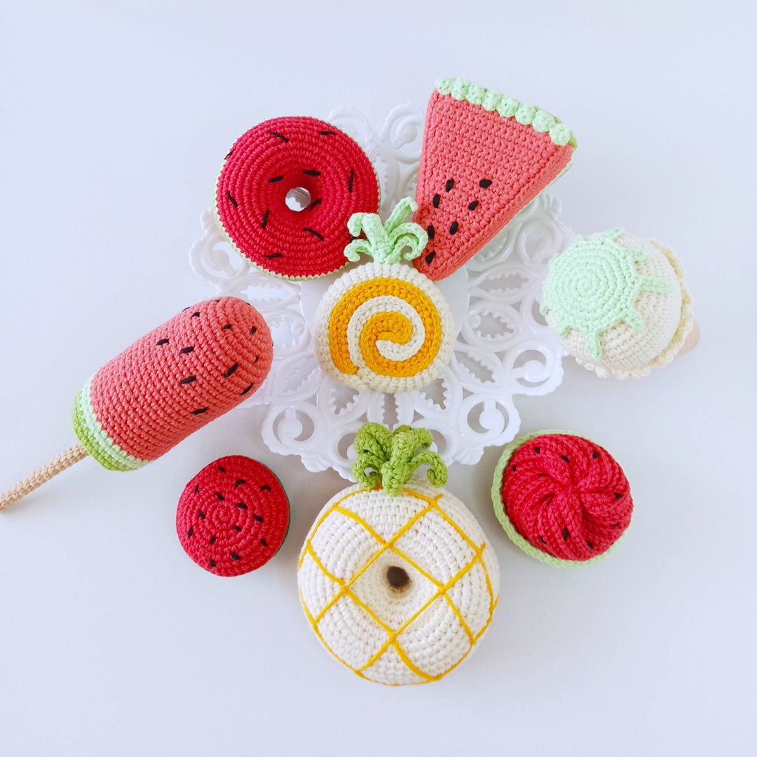 Set crochet food, crochet ice cream, crochet donut ,pretend play gift for girls - 玩具/玩偶 - 棉 多色