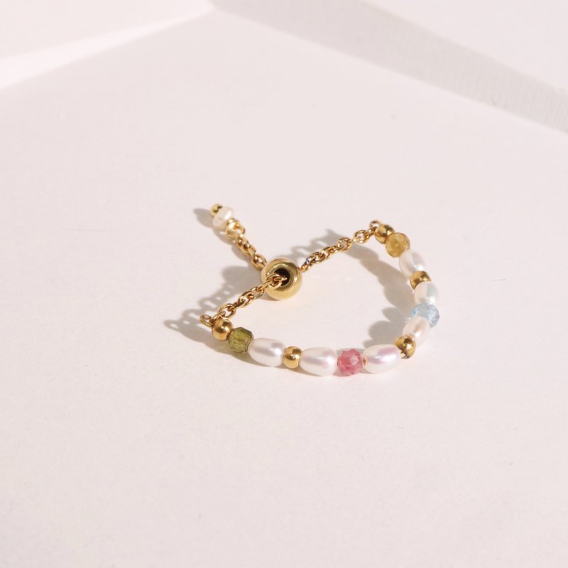 迷人主张。碧玺珍珠链戒 - 戒指 - 不锈钢 多色